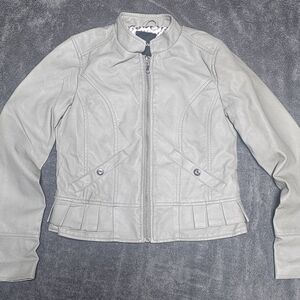 Me Jane Gray Leather Jacket with Fitted Silhouette and Stand-Up Collar